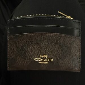 Coach Black and Brown Card Holder with Gold hardware and zipper pocket